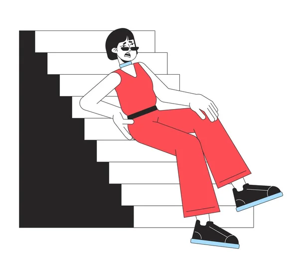 不快乐的女人从楼梯上摔下来 可编辑的轮廓全身而退的女孩触摸到了白色的伤害 用于网页平面设计的简单卡通画 — 图库矢量图片