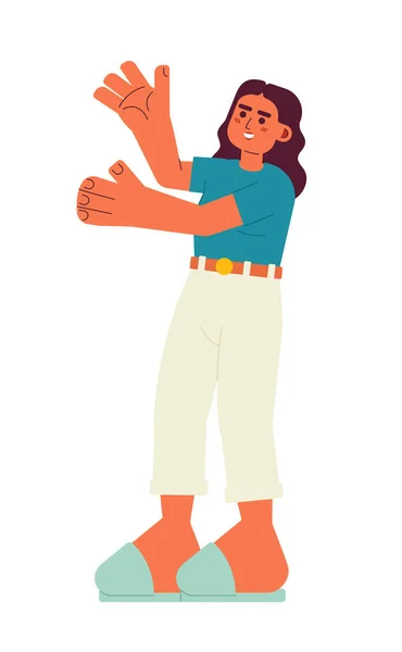兴奋的拉蒂娜女人伸出双手半扁平的彩色矢量字符 布鲁内特女孩举起胳膊 可编辑的全身白种人 用于网页平面设计的简单卡通画 — 图库矢量图片
