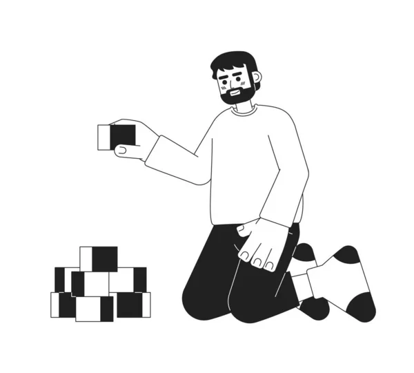 Счастливый Бородатый Отец Играет Конструктором Кубиками Монохромный Плоский Векторный Характер — стоковый вектор
