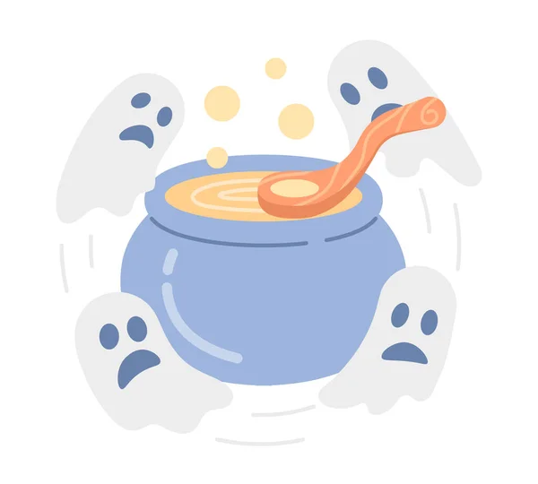 Cauldron Ghosts Halloween Flat Concept Vector Spot Illustration Magic Cooking — Stock Vector