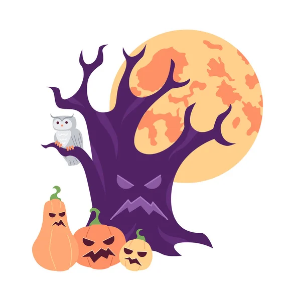 Árvore Halloween Com Abóboras Assustadoras Lua Cheia Conceito Plano Vetor —  Vetores de Stock