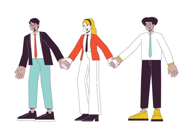 不同的公司员工手握扁平线彩色矢量字符 可编辑的全身上下白种人轮廓 用于网页平面设计的不同同事简单的卡通人物插画 — 图库矢量图片