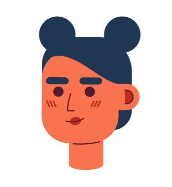 İki popolu, saç stili, yarı düz bir karakter kafası olan güzel bir genç kız. Düzenlenebilir karikatür avatar simgesi. Duygularınla yüzleş. Web grafik tasarımı ve animasyonu için renkli nokta çizimi