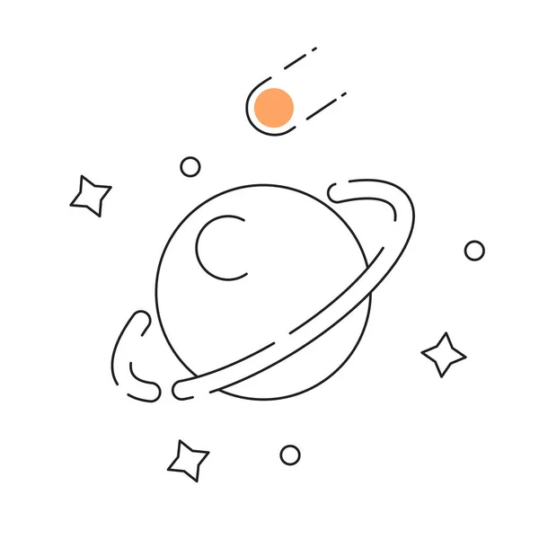 惑星モノクロフラットベクトルオブジェクトの周りの円 明るい星と落下する小惑星 編まれた黒および白い薄いライン アイコン Webグラフィックデザインのためのシンプルな漫画クリップアートスポットイラスト — ストックベクタ