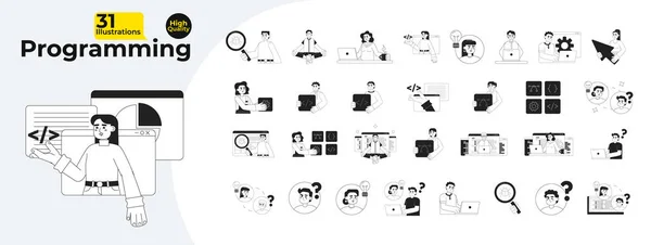 Programación Monocromo Concepto Vector Spot Ilustraciones Paquete Ocupado Freelancer Trabajando — Archivo Imágenes Vectoriales