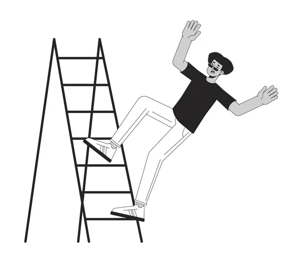 Young Man Falls Ladder Stair Flat Line Black White Vector — Stock Vector