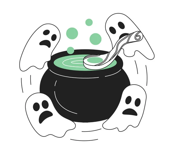 Cauldron Ghosts Halloween Monochrome Concept Vector Spot Illustration Magic Cooking — Stock Vector