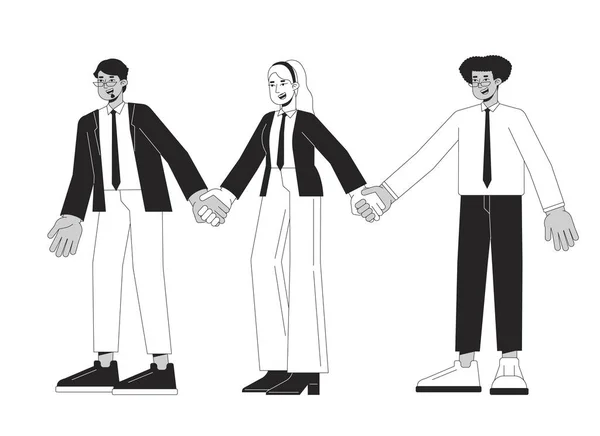 Diverse Corporate Employees Holding Hands Flat Line Black White Vector — Stock Vector