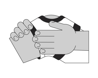 Düz monokrom izole vektör nesnesinde kırık diz. Eller travmaya değiyor. Düzenlenebilir siyah beyaz çizim. Web grafik tasarımı için basit ana hatlı nokta çizimi