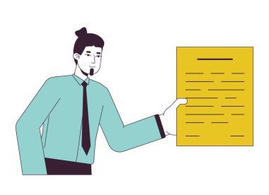 Sakallı erkek ofis çalışanı düz çizgi renk vektör karakteri veriyor. Düzenlenebilir, yarı insan yarı insan yarı beyaz. Belge çalışanı web grafik tasarımı için basit karikatür nokta çizimi