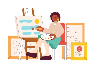 Afrikalı Amerikalı sanatçı 2D vektör izole nokta çizimi. Sanat galerisi ressamı beyaz arka planda resim yapıyor. Resim sehpasında. Renkli düzenlenebilir sahne