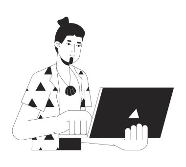 Düz çizgi üzerinde çalışan neşeli adam siyah beyaz vektör karakteri. Düzenlenebilir dış hatlar yarı serbest çalışan beyaz üzerine mesaj yazıyor. Yaz tatili web grafik tasarımı için basit çizgi film illüstrasyonuName