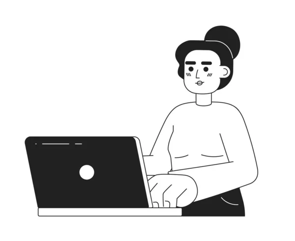 Laptop Monokromatik Düz Vektör Karakteri Olan Beyaz Bir Kadın Düzenlenebilir — Stok Vektör