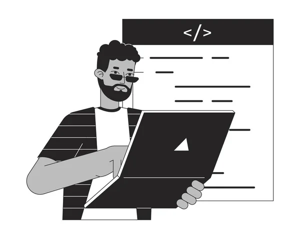 Happy Man Laptop Concept Vector Spot Illustration Programmer Coding Cartoon — Stock Vector
