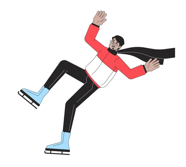 冰鞋上震惊的男人掉落了扁平线的颜色矢量字符 可编辑的轮廓全身上下都有坠落的危险 冬季运动简单卡通画孤立点画用于网页平面设计 — 图库矢量图片