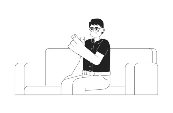 フィンガーモノクロマティックフラットベクターのキャラクターを賭けるイラストのアジア人男性 厳密な先生指を指している 白に編まれた薄いライン人 Webグラフィックデザインのためのシンプルな漫画スポット画像 — ストックベクタ