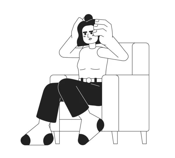 Exhausted Woman Armchair Monochromatic Flat Vector Character Hispanic Girl Holding — Stock Vector