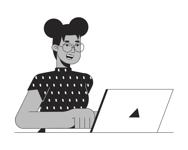 Kadın Dizüstü Bilgisayar Düz Çizgi Siyah Beyaz Vektör Karakteri Düzenlenebilir — Stok Vektör