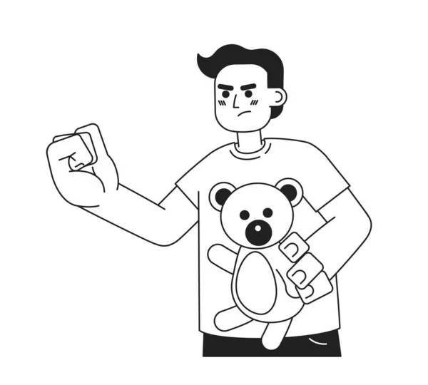男孩欺负威胁与拳头单色平面矢量字符 愤怒的男孩抱着毛绒玩具熊 可编辑的白种人细线 用于网页平面设计的简单的Bw卡通点图像 — 图库矢量图片