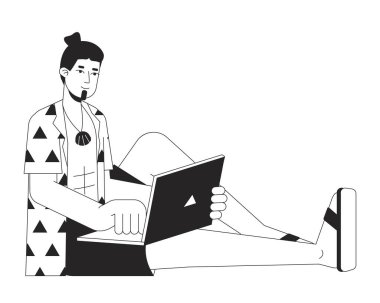 Düz dizüstü bilgisayarı olan beyaz adam siyah beyaz vektör karakteri. Düzenlenebilir taslak tüm vücut gevşetilmiş işçi. Web grafik tasarımı için basit karikatür izole nokta çizimi