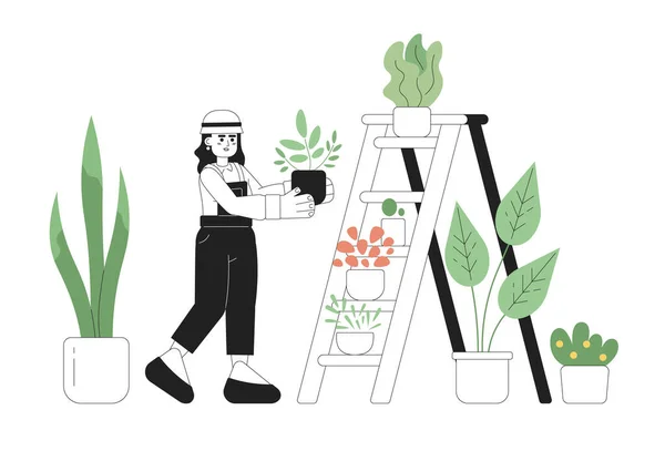 ブロンドの女性は植物2Dベクトルモノクロ単離スポットイラストを世話します ホビーの平らな手描きの少女は白い背景に梯子に花の鍋を置きました 編集可能なアウトライン漫画シーン — ストックベクタ