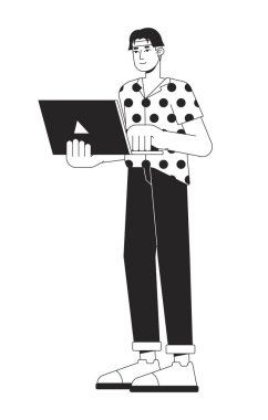Meşgul Asyalı işçi düz çizgi siyah beyaz vektör karakteri. Düzenlenebilir tüm vücut serbest programlama. Web grafik tasarımı için basit karikatür izole nokta çizimi