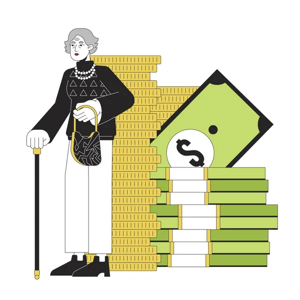 Elderly Businesswoman Accumulating Money Flat Line Concept Vector Spot Illustration — Stock Vector