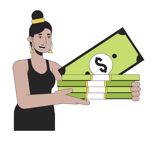 Happy Latinamerican Stylish Woman Holding Money Flat Line Color Vector — Stock Vector