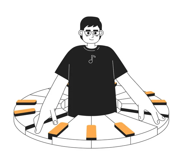 ピアノキーボードモノクロコンセプトベクタースポットイラストで演奏するミュージシャン ウェブUiデザインのための白に若い男2Dフラットモルト漫画のキャラクターにインスパイアされた 孤立した編集可能な手描きのヒーロー画像 — ストックベクタ