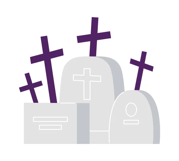ハロウィーンの墓地は 半平らな色のベクトルオブジェクトを交差しています 古い墓石 グラヴェイアード スモーキー ホワイトバックグラウンドで編集された漫画クリップアートアイコン Webグラフィックデザインのためのシンプルなスポットイラスト — ストックベクタ