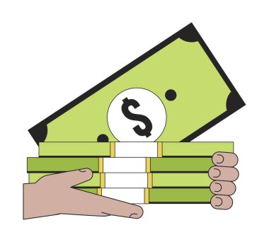 El ele tutuşan düz çizgi rengi izole vektör nesnesi. Tasarruf. Kişisel mali durum. Beyaz arkaplanda düzenlenebilir resim. Web tasarımı için basit ana hatlı karikatür nokta çizimi