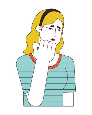 Mutsuz genç kadın düz çizgi renk vektör karakteri. Düzenlenebilir taslak, yarım vücut endişeli kız beyaz üzerine. Web grafik tasarımı için basit karikatür nokta çizimi