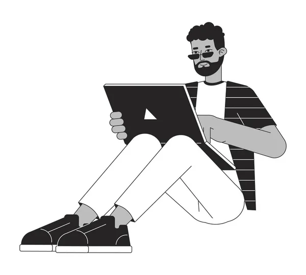Heureux Jeune Homme Assis Avec Ordinateur Portable Ligne Plate Noir — Image vectorielle