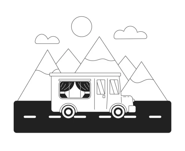 モノクロフラットベクトルオブジェクトに登る快適なバス キャンプバン 編まれた黒および白い薄いライン アイコン Webグラフィックデザインのためのシンプルな漫画クリップアートスポットイラスト — ストックベクタ
