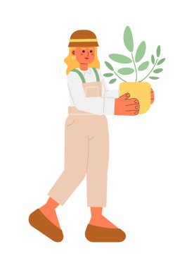 Genç bahçıvan yarı düz renk vektör karakteri. Düzenlenebilir bütün vücut kadını elinde seramik tencerede beyaz çiçek tutuyor. Web grafik tasarımı için basit karikatür nokta çizimi