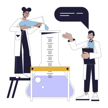 Kimyasal deney düz çizgi konsept nokta illüstrasyonu. Bilim adamları sıvı maddeleri web UI tasarımı için beyaz üzerine 2D çizgi film ana hatlarıyla karıştırıyorlar. Düzenlenebilir izole edilmiş renkli kahraman resmi