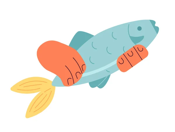 新鮮な魚の半平らな色のベクトル オブジェクトを握る手 フィッシング ホビーさん ホワイトバックグラウンドで編集された漫画クリップアートアイコン Webグラフィックデザインのためのシンプルなスポットイラスト — ストックベクタ