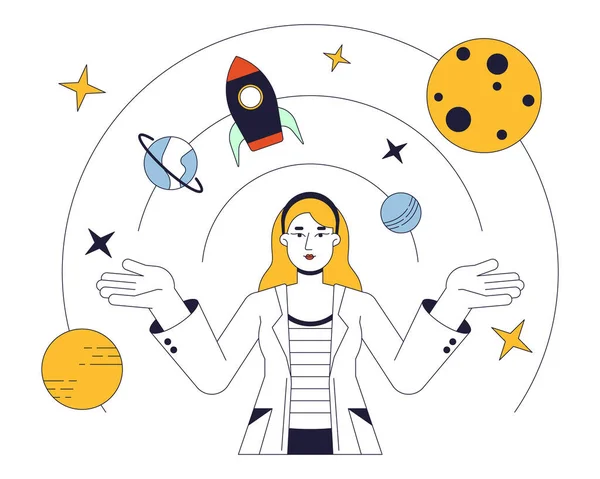 女性天体物理学者フラットラインコンセプトベクタースポットイラスト 宇宙探査 ロケットサイエンス2D漫画は Web Uiデザインのためのホワイトのキャラクターを概説します 編まれた隔離された色のヒーローのイメージ — ストックベクタ