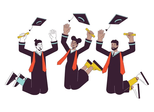 Graduação Universitária Linha Plana Vetor Spot Ilustração Graduados Jogando Bonés — Vetor de Stock