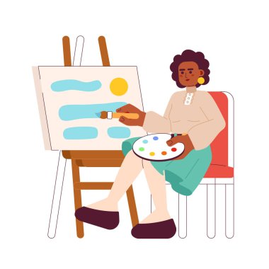 Tabela düz konsept vektör nokta çizimi üzerine yetenekli kadın resimleri. Ağ UI tasarımı için beyaz üzerine boya fırçası sürmüş Afro-Amerikan çizgi film karakteri. İzole edilmiş, düzenlenebilir yaratıcı kahraman imajı