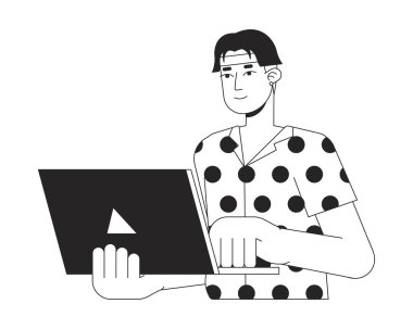 Asyalı çalışkan düz çizgi siyah beyaz vektör karakteri. Dizüstü bilgisayarı olan düzenlenebilir yarı vücut çalışanı. Web grafik tasarımı için basit karikatür izole nokta çizimi