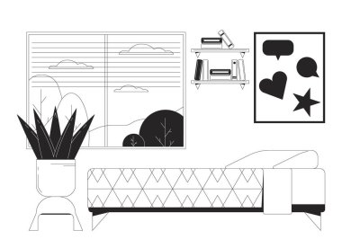 Student bedroom bw vector spot illustration. Teen girl bed with contemporary decor 2D cartoon flat line monochromatic scene for web UI design. Room interior window editable isolated outline hero image clipart