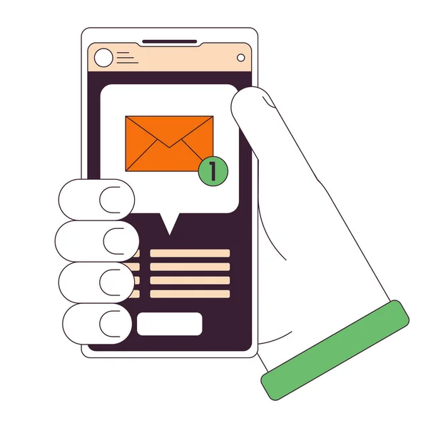 Holding Smartphone New Message Flat Line Concept Vector Spot Illustration — Stock Vector