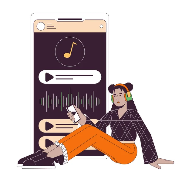 Listening Music Smartphone Flat Line Concept Vector Spot Illustration Woman — Stock Vector