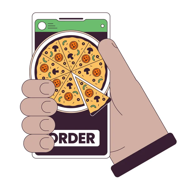 Ordering Pizza Smartphone Flat Line Concept Vector Spot Illustration Hand — Stock Vector