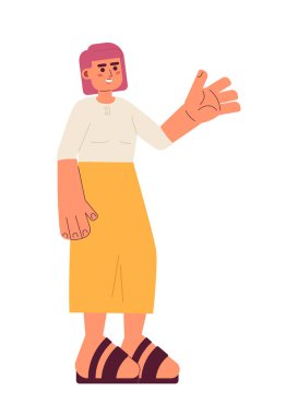 Neşeli Asyalı kadın yarı düz renk vektör karakteri. Midi etekli ve beyaz saçlı düzenlenebilir tam vücut insan. Web grafik tasarımı için basit karikatür nokta çizimi