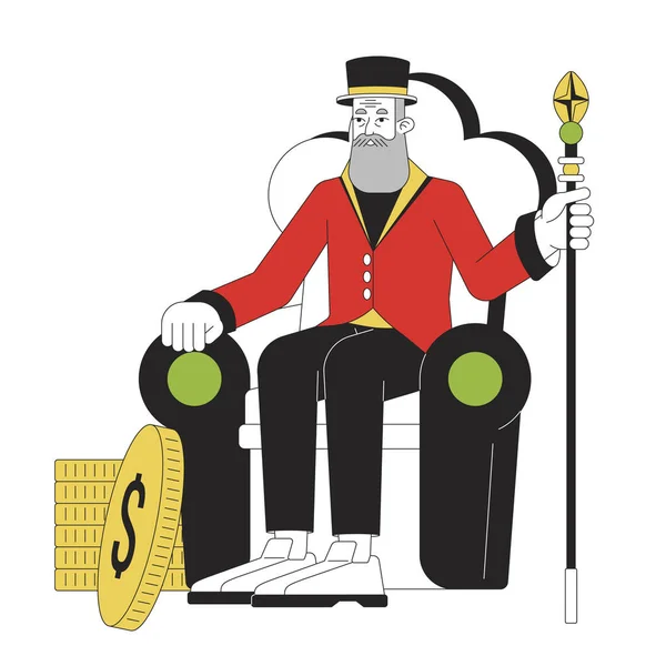 王座フラットラインカラーベクターキャラクターに座っている不思議な老人 ホワイトのスタッフとゴールデンコインの完全なボディ人形を編集します Webグラフィックデザインのためのシンプルな漫画スポットイラスト — ストックベクタ