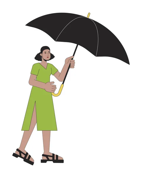 Cute Woman Holding Opened Umbrella Flat Line Color Vector Character — Stock Vector