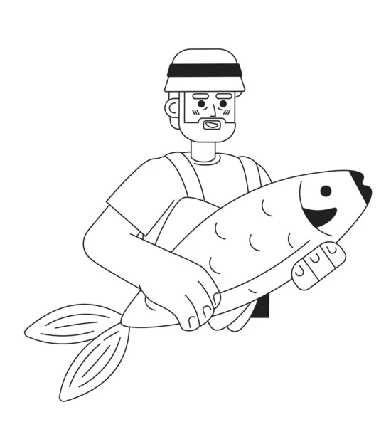 大きな魚のフラットラインの黒い白いベクターの文字を持っている古い漁師 白く編まれた薄いライン半分のボディ幸せな男 Webグラフィックデザインのためのシンプルな漫画スポット画像 — ストックベクタ
