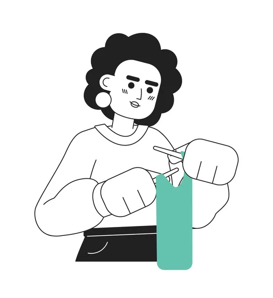 アフリカ系アメリカ人女性編みスカーフモノクロマティックフラットベクターキャラクター 編み針を白く握っている編まれた薄いライン半身の女性 Webグラフィックデザインのためのシンプルな漫画スポット画像 — ストックベクタ
